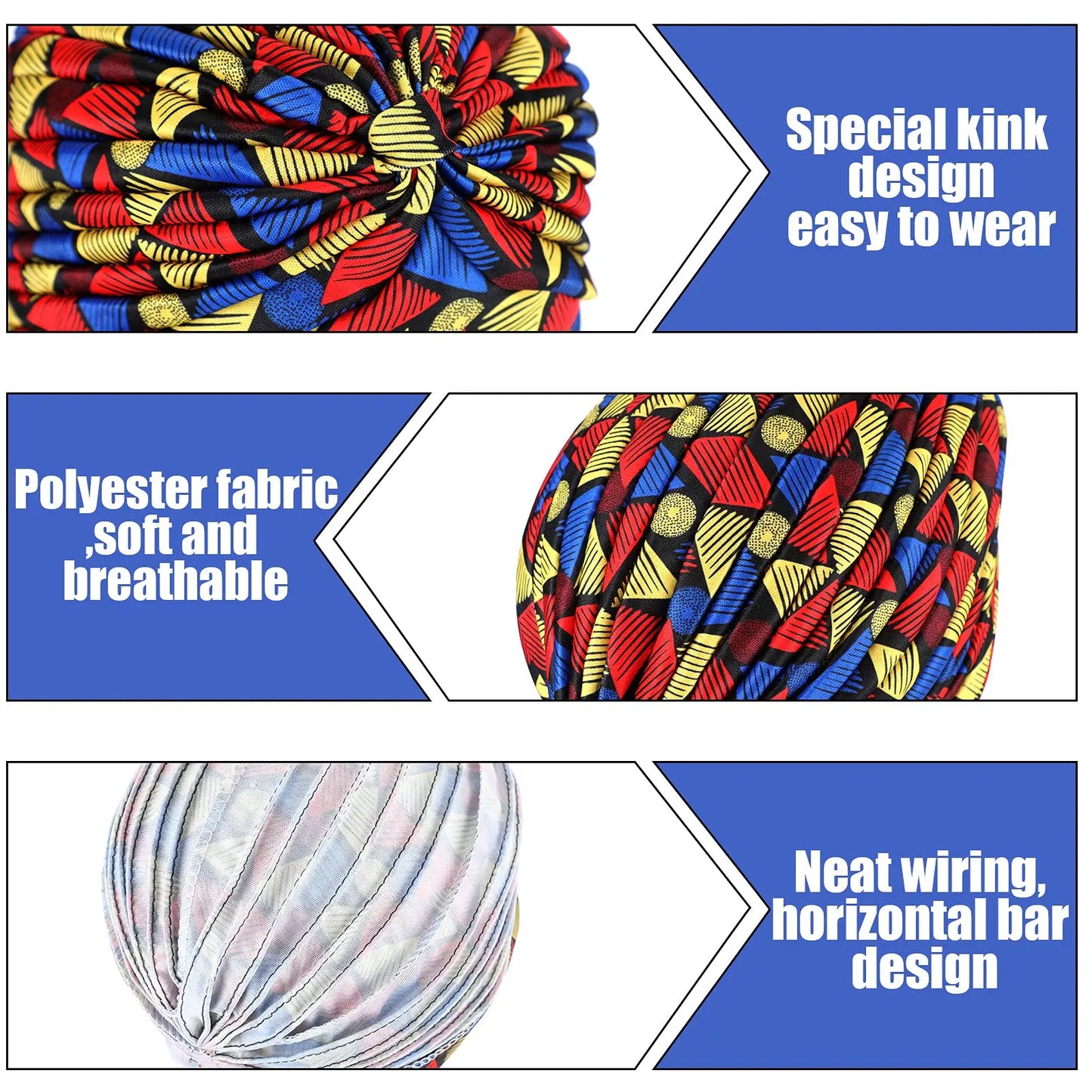 African Print Turban Head Wrap - Soft Stretch Twisted Pleated Beanie Bonnet for Women, Headtie & Chemo Cap