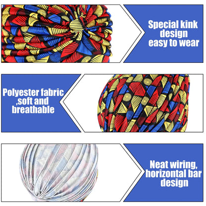 African Print Turban Head Wrap - Soft Stretch Twisted Pleated Beanie Bonnet for Women, Headtie & Chemo Cap