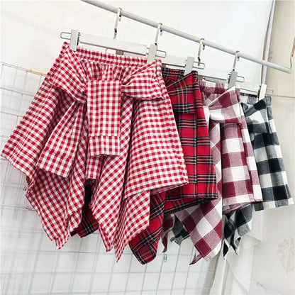 TOTRUST Women’s Fashion Asymmetrical Summer Plaid Mini Skirt – Casual College Style Fake Shirt Design