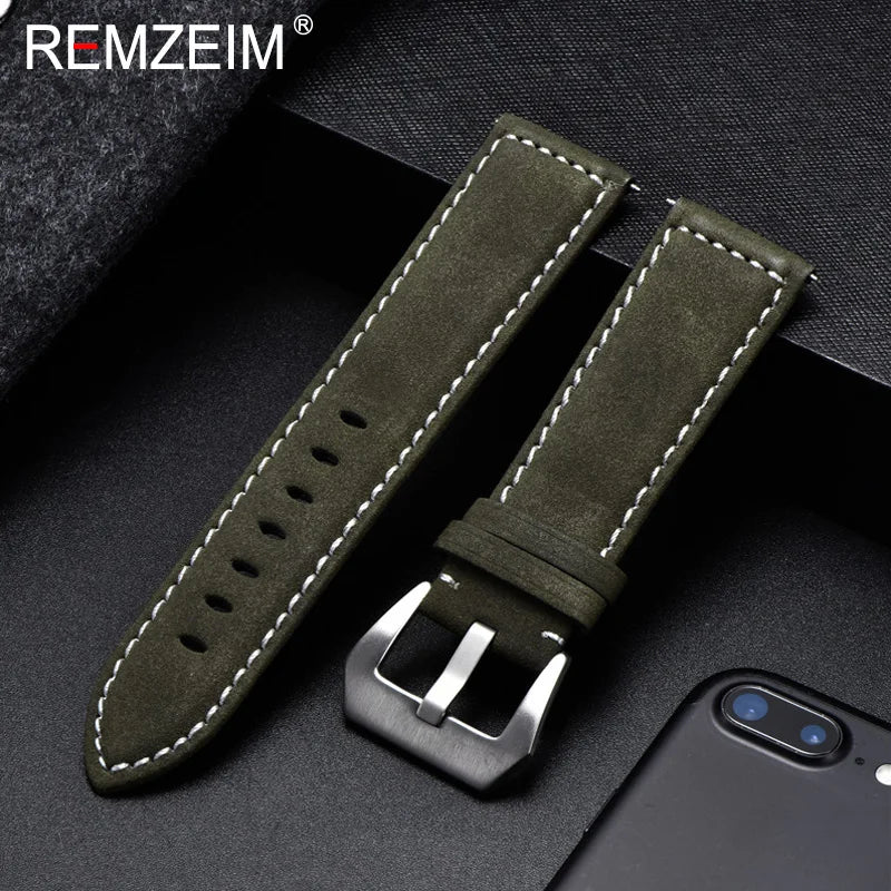 Genuine Leather Watch Band – Vintage Matte Black, Blue & Brown Strap for Men & Women, 18mm-24mm Wrist Bracelet