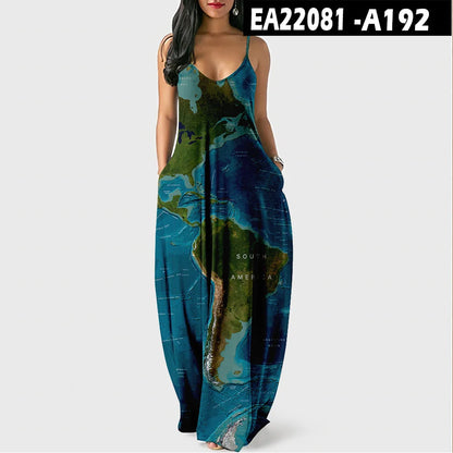 Women’s World Map Beach Dress – Elegant Sexy Long Sundress with Irregular Hem, Sleeveless Spaghetti Straps, Plus Size Summer Dress