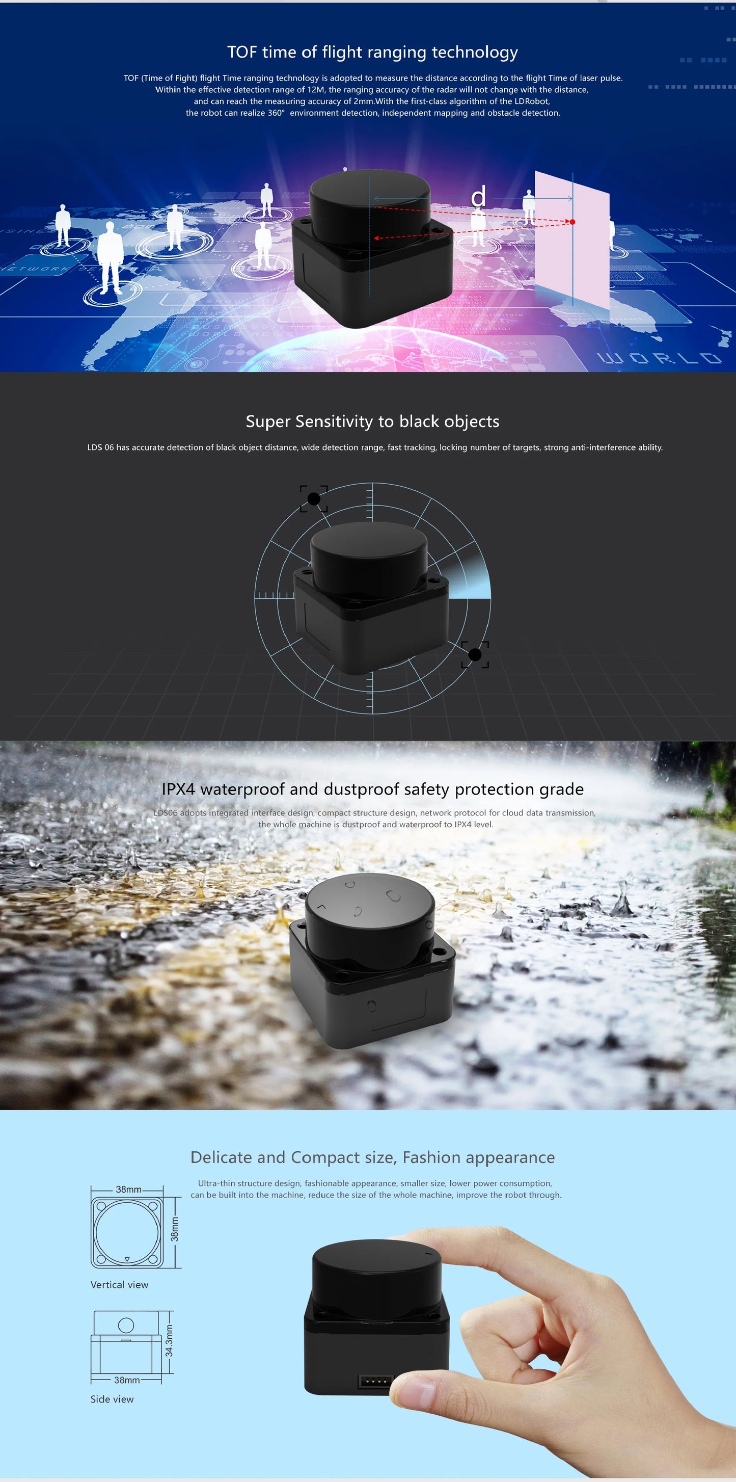 LDROBOT D500 360° Lidar Scanner — TOF Laser Radar 30000Lux, ROS1/ROS2 Compatible, Indoor & Outdoor Replacement for D300 Kit
