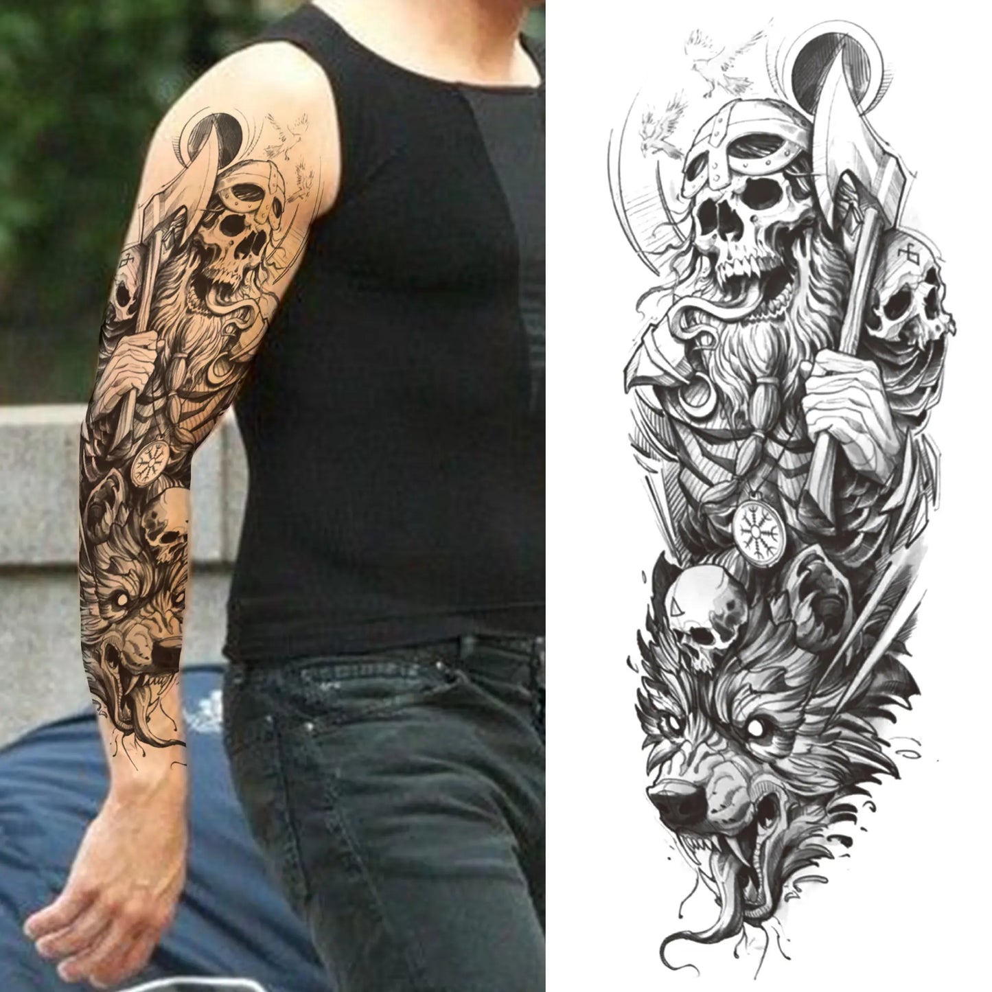 Temporary Tattoo Sleeve - Realistic Full Arm Skull Angel Maori Design Tattoo Sticker for Men & Women