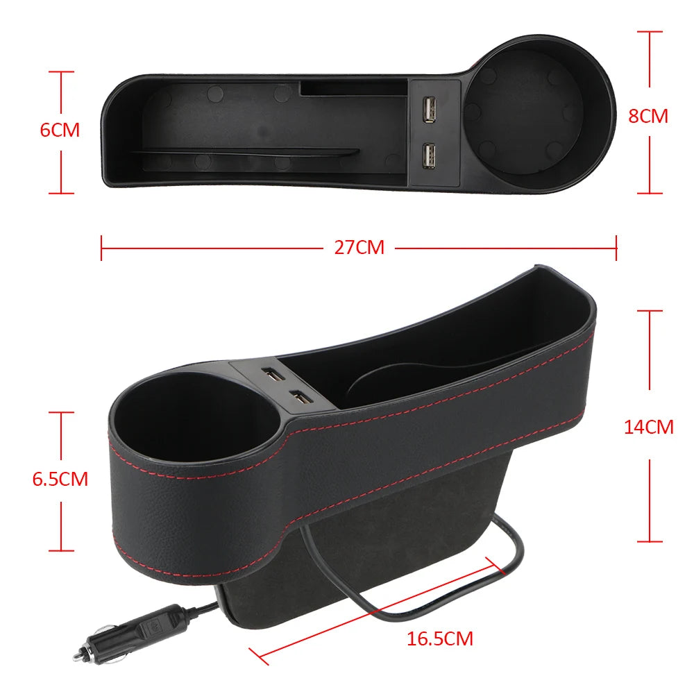 Car Seat Gap Organizer – Leather Auto Crevice Storage Box with Cup & Phone Holder, USB Option