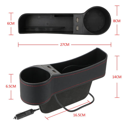 Car Seat Gap Organizer – Leather Auto Crevice Storage Box with Cup & Phone Holder, USB Option