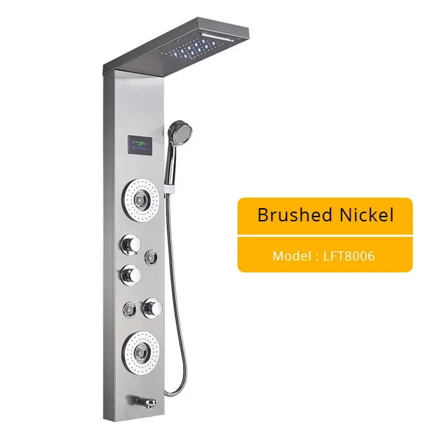 Brushed Nickel Bathroom Shower Column - Wall-Mounted Black LED Shower Panel with Digital Screen, 6 Modes & Rainfall Mixer Tap