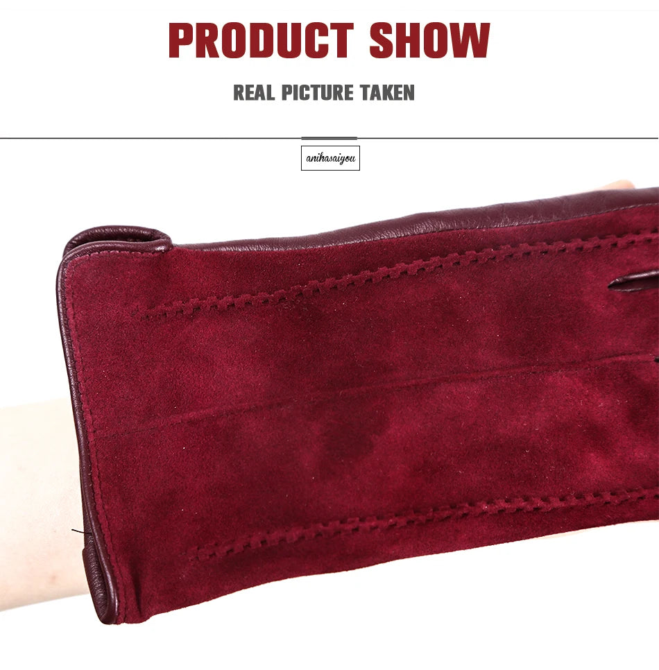 Women’s Winter Touch Gloves – 50% Genuine Leather & 50% Suede, Colorful Warm Leather Gloves