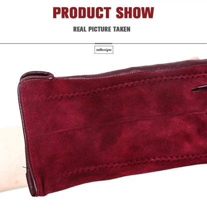 Women’s Winter Touch Gloves – 50% Genuine Leather & 50% Suede, Colorful Warm Leather Gloves