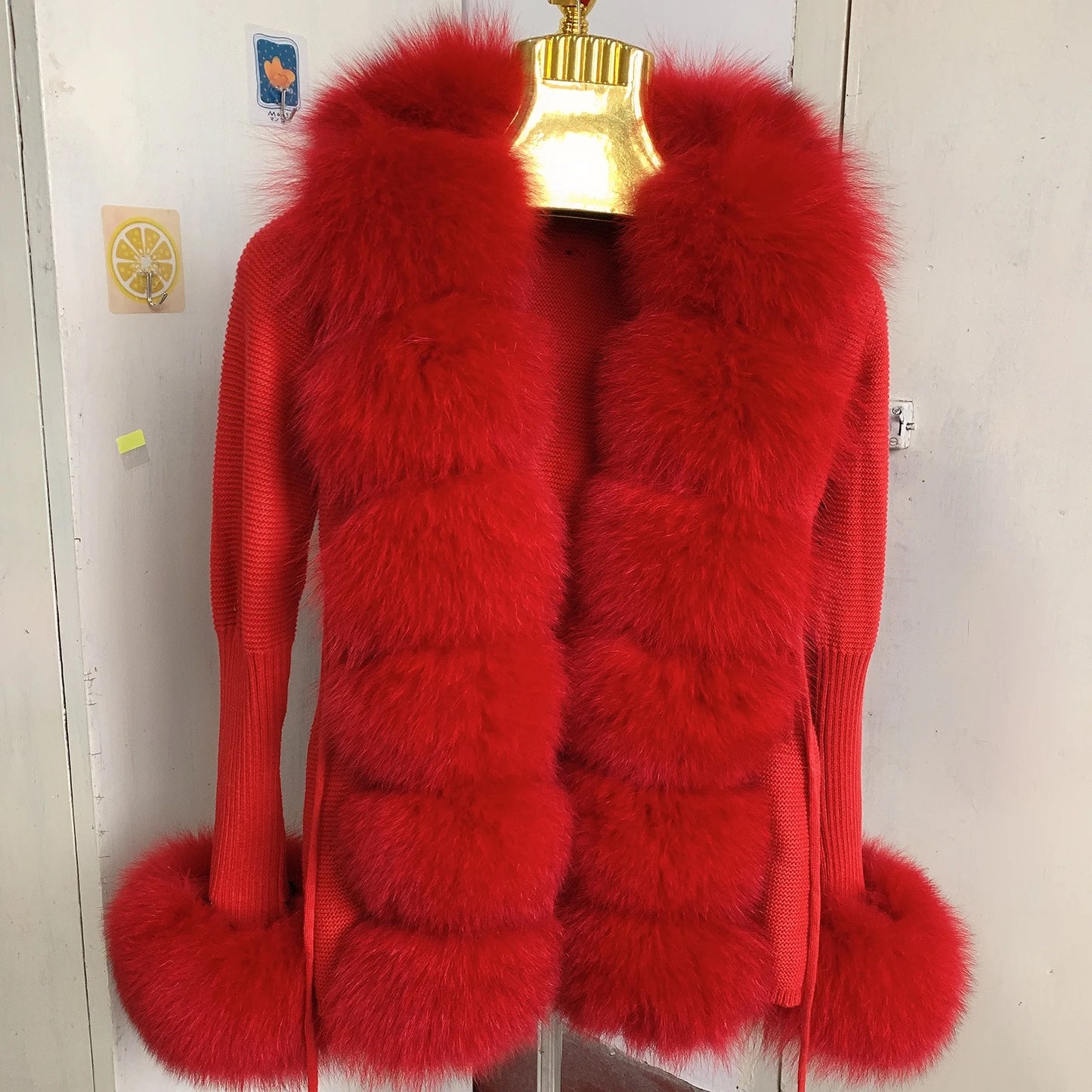 Women’s Spring & Autumn Sweater Cardigan – Real Fox Fur Collar Jacket, Natural Fur Outerwear