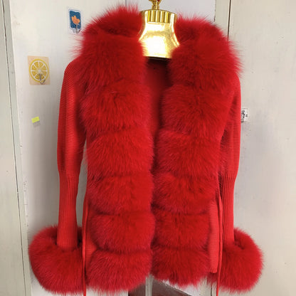 Women’s Spring & Autumn Sweater Cardigan – Real Fox Fur Collar Jacket, Natural Fur Outerwear