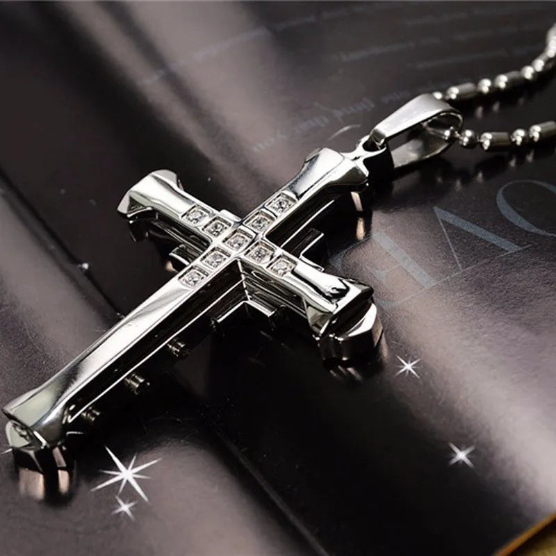 SUMENG 2025 Crystal Cross Jesus Pendant Necklace – Stainless Steel Gold/Black/Blue Zirconia Religious Jewelry for Men, Fashion Christian Gift