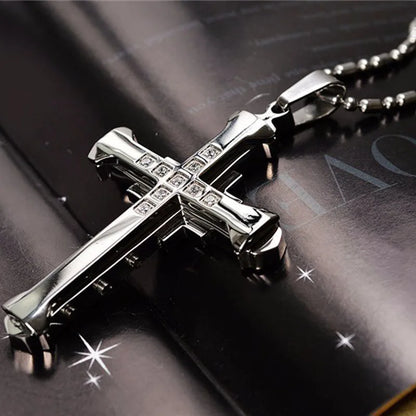 SUMENG 2025 Crystal Cross Jesus Pendant Necklace – Stainless Steel Gold/Black/Blue Zirconia Religious Jewelry for Men, Fashion Christian Gift