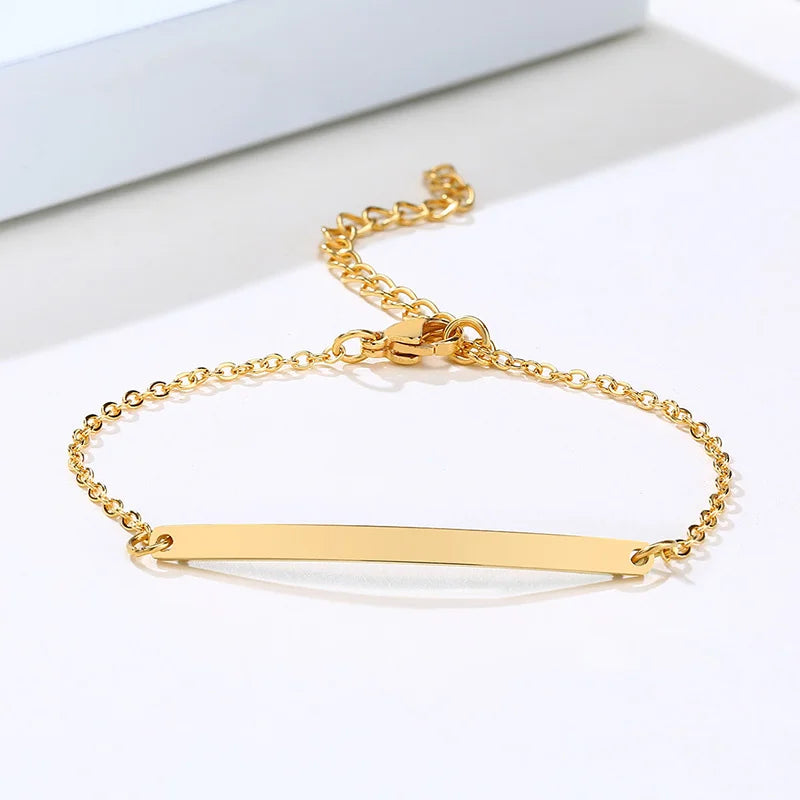 Elegant Personalized ID Bar Bracelet – 5mm Stainless Steel Link Chain for Women with Custom Name or Quote