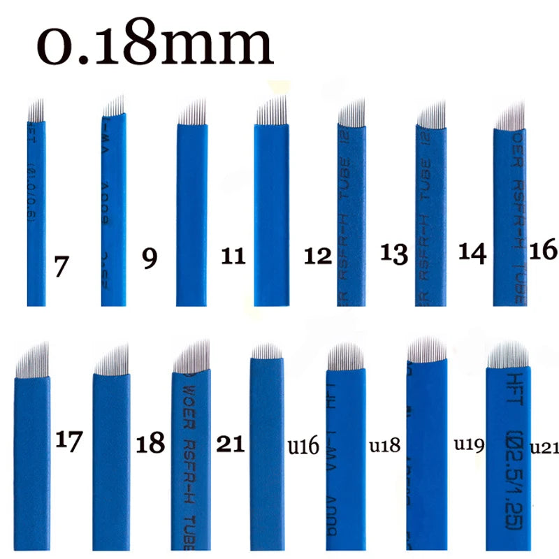 50pcs Microblading Tebori Blades — 0.18mm Permanent Makeup Needles for Eyebrows, 7/9/12/14/17/21 Manual Tattoo Needles