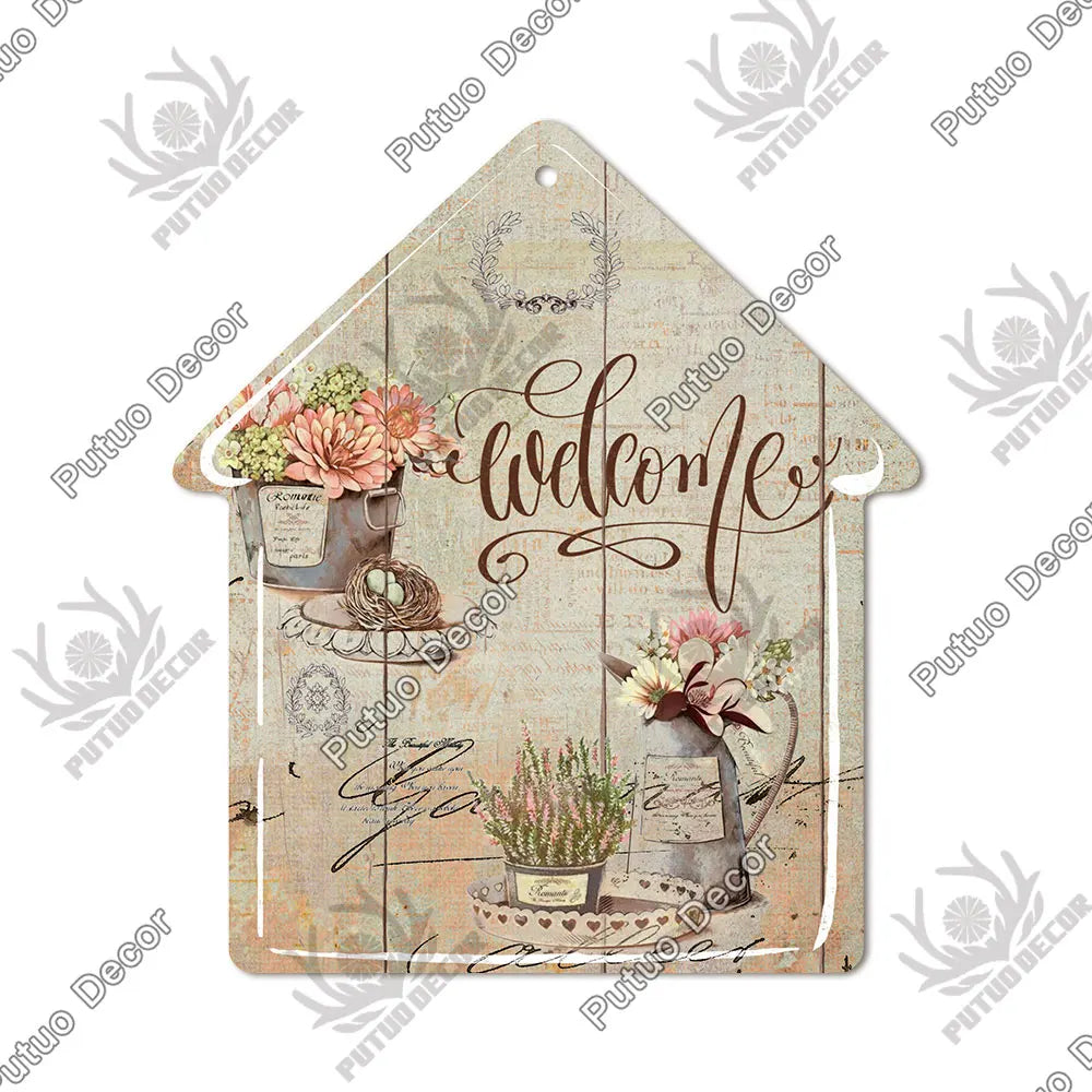 Putuo Decor Welcome House Shaped Wooden Sign – Rustic Hanging Plate for Home, Living Room Wall Decor