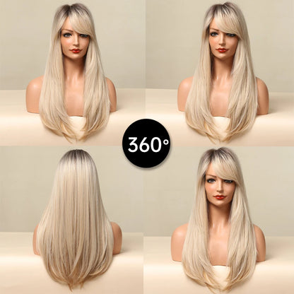 GEMMA Ombre Brown Blonde Synthetic Wig with Bangs – Long Straight Cosplay Wig for Women, High-Temperature Fiber