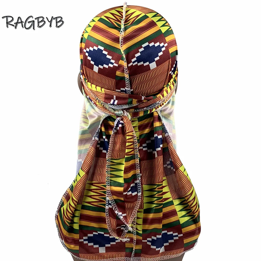 Unisex Ankara Silk Durag - Long Tail Silky Wave Cap Head Scarf for Men & Women
