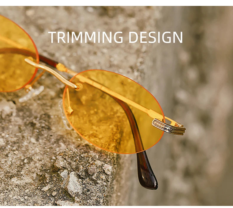 Retro Oval Rimless Sunglasses – Blue Mirror Gold Metal UV400 for Men & Women