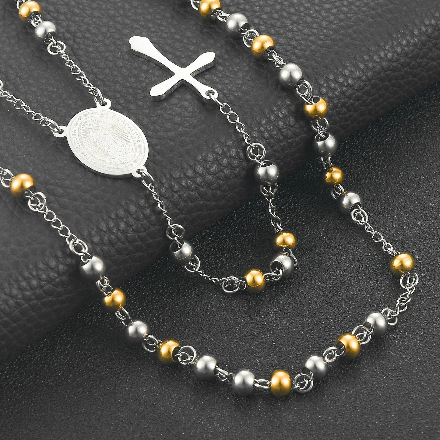 Stainless Steel Vintage Cross Rosary Necklace - Bohemian Religious Pendant for Women and Men, Fashion Jewelry Gift