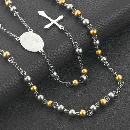 Stainless Steel Vintage Cross Rosary Necklace - Bohemian Religious Pendant for Women and Men, Fashion Jewelry Gift