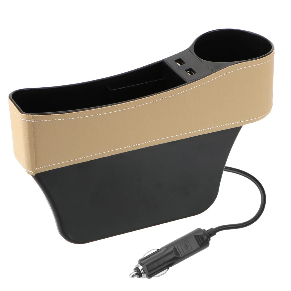 Car Seat Gap Organizer – Leather Auto Crevice Storage Box with Cup & Phone Holder, USB Option