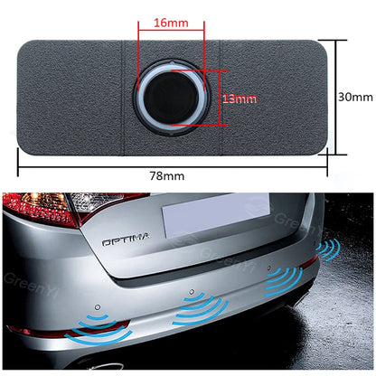 GreenYi Car Parking Sensor System - Parktronics with 4 Flat Sensors (Black/Silver/White, 13mm), Reverse Radar with Buzzer Alarm