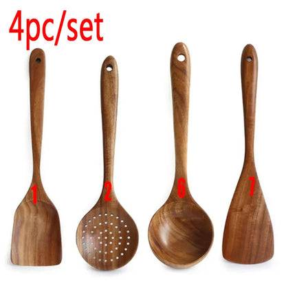 1-9pcs Teak Wood Tableware Set – Natural Wooden Cooking Spoons, Colander Spoon & Soup Skimmer Kitchen Tool Kit