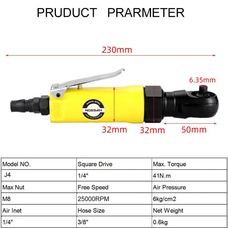 Pneumatic Air Ratchet Wrench — Adjustable Torque Spanner with Square Drive Straight Shank, Professional Tool 1/4", 3/8", 1/2"