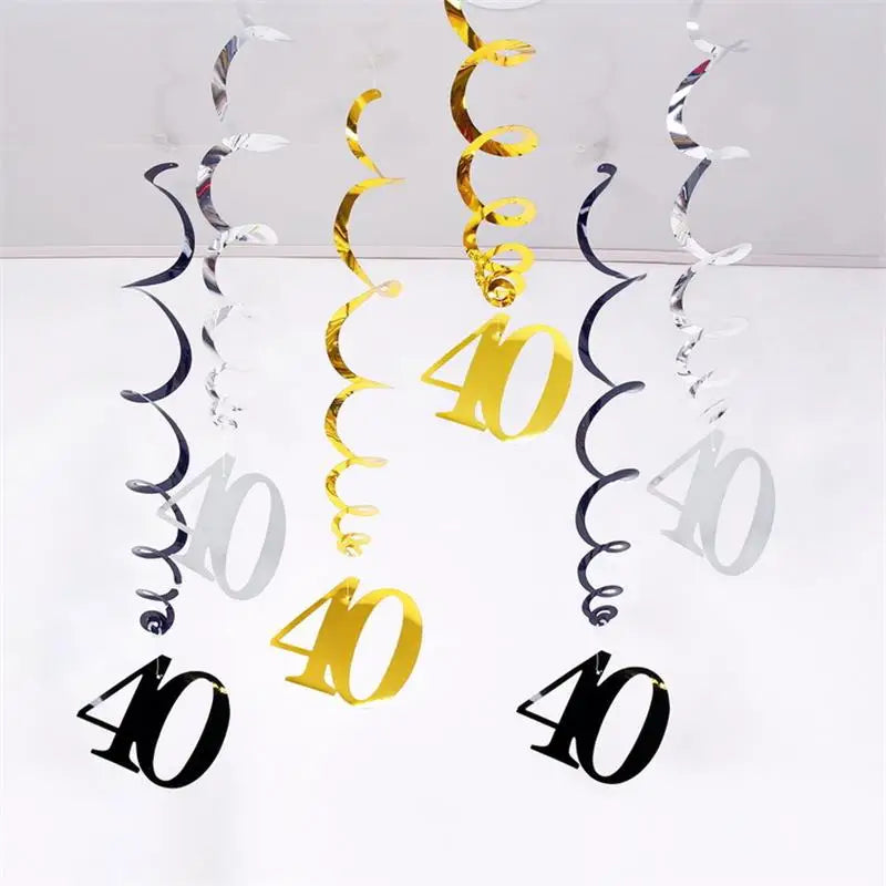 6pcs Spiral Birthday Swirls Hanging Ornaments - Black, Gold, Silver for 18, 21, 25, 30, 40, 50, 60, 70, 80, 90 Years Old, Birthday Decor