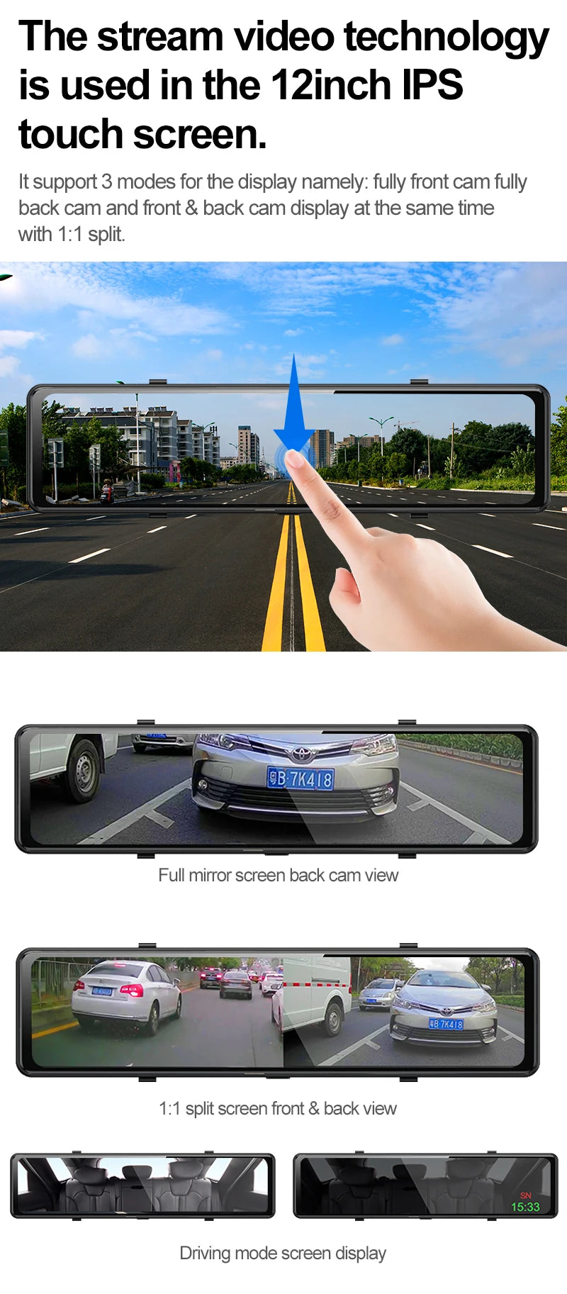 4K 12-Inch Dual Lens Dash Cam – 3840*2160P, WIFI, GPS, APP, Rearview Mirror Camera, Touch Screen Streaming Video Recorder, Car DVR