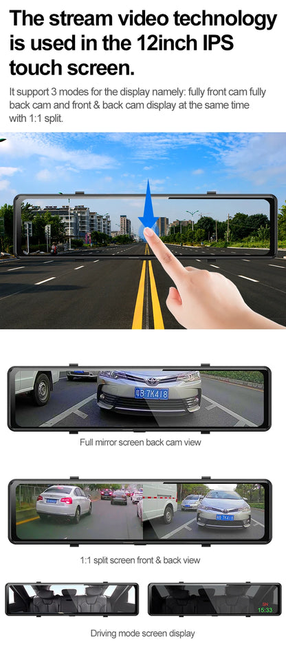 4K 12-Inch Dual Lens Dash Cam – 3840*2160P, WIFI, GPS, APP, Rearview Mirror Camera, Touch Screen Streaming Video Recorder, Car DVR