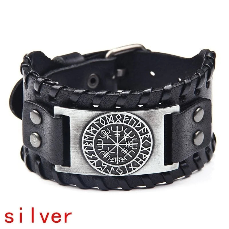 Totem Design Wide Leather Pirate Compass Bracelet - Men's Celtic Viking Jewelry, Party Gift Accessories