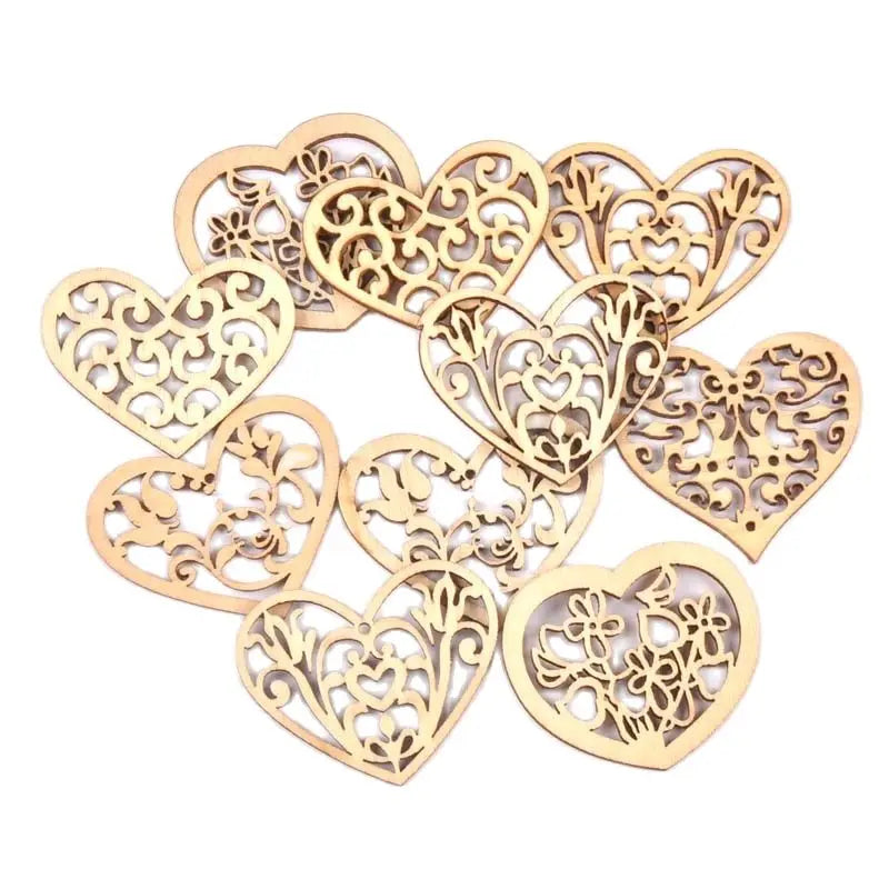 12PCS Mixed Lace Heart Wood Pendants – DIY Scrapbook, Home Hanging Ornaments & Wedding Decor Embellishments 38x50mm