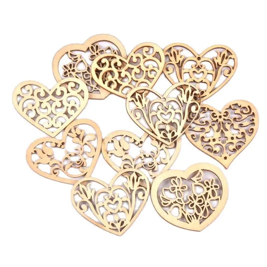 12PCS Mixed Lace Heart Wood Pendants – DIY Scrapbook, Home Hanging Ornaments & Wedding Decor Embellishments 38x50mm