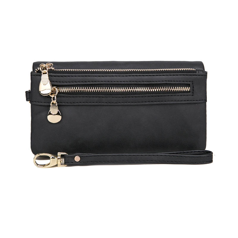 Large Capacity Women's Wallet – Dull Polish Leather, Double Zipper Clutch Wristlet with Phone, Coin & Card Holder Pockets