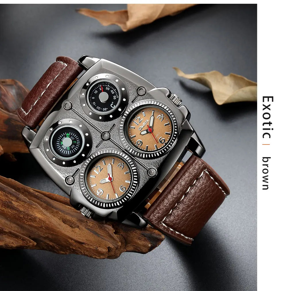 Oulm Men’s Two Time Zone Army Pilot Watch — Large Military Quartz Leather Strap Wristwatch