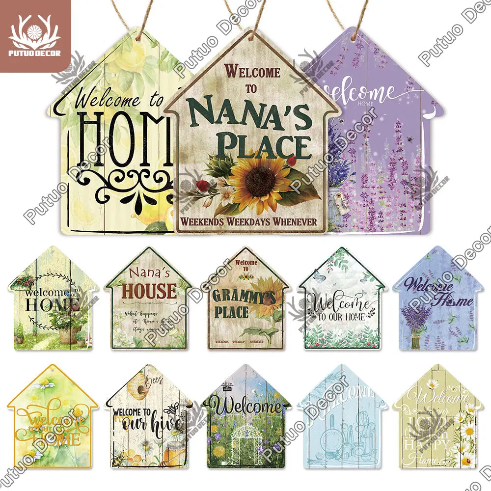Putuo Decor Welcome House Shaped Wooden Sign – Rustic Hanging Plate for Home, Living Room Wall Decor