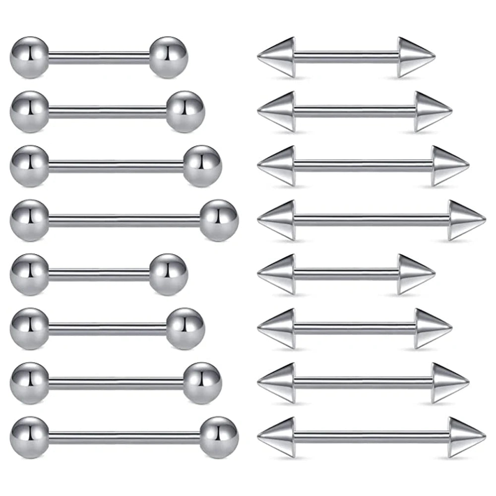 16pcs Stainless Steel Piercing Barbells - 14G Nipple Rings Tongue Rings Straight Bar Jewelry for Women Men