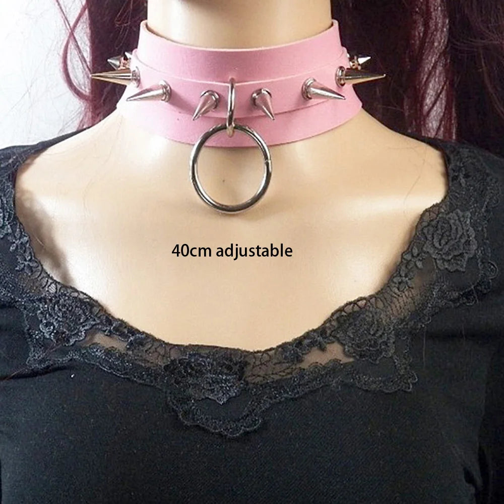 Pink Gothic Collar Necklace – Trendy Rock Leather Heart with Rivets, Harajuku Punk Choker Jewelry for Women, Gift Idea