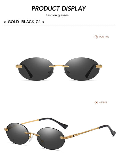Retro Oval Rimless Sunglasses – Blue Mirror Gold Metal UV400 for Men & Women