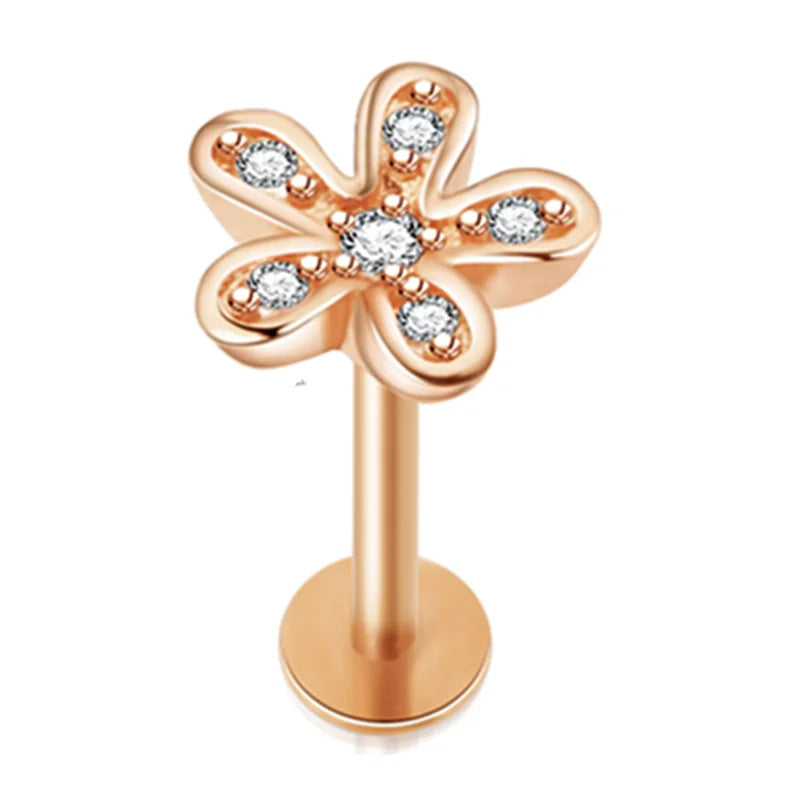 Crystal Flower Tragus Piercing Earring – 16G Cross Cartilage, Helix, Conch, Rook, Lobe & Labret Stud Jewelry