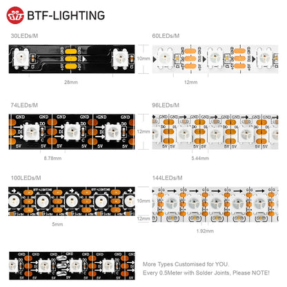 WS2812B RGB LED Strip Lights DC5V – Individually Addressable Smart Pixel Magic Light Strips (IP30/IP65/IP67) for DIY Lighting Effects