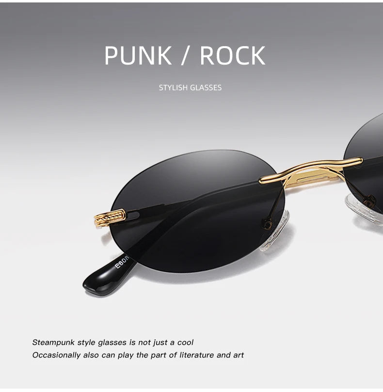 Retro Oval Rimless Sunglasses – Blue Mirror Gold Metal UV400 for Men & Women