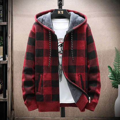 Men's Winter Plaid Hooded Cardigan – Warm Wool Fleece Zipper Jacket Knit Sweater Coat