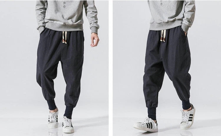 Men’s Cotton Linen Harem Pants – Solid Color Baggy Drop-Crotch Joggers with Elastic Waist Casual Streetwear Trousers
