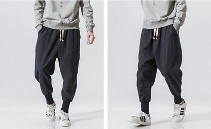 Men’s Cotton Linen Harem Pants – Solid Color Baggy Drop-Crotch Joggers with Elastic Waist Casual Streetwear Trousers