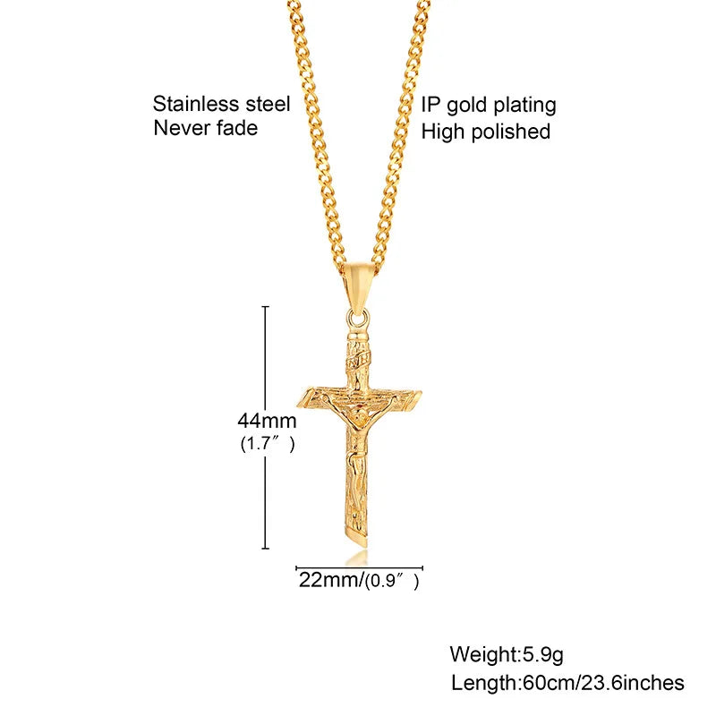 Vnox Cross Necklace for Men & Women – Gold Stainless Steel Jesus Pendant, Catholic Faith Jewelry for Church Prayer