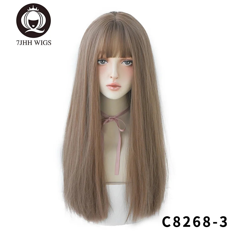 7JHHWIGS Long Straight Light Brown Synthetic Wig with Bangs – Heat-Resistant Daily Wear Wig for Women