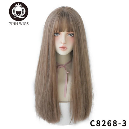 7JHHWIGS Long Straight Light Brown Synthetic Wig with Bangs – Heat-Resistant Daily Wear Wig for Women