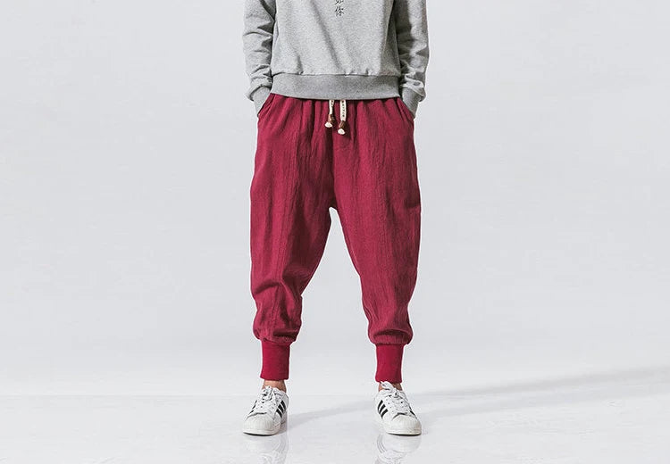 Men’s Cotton Linen Harem Pants – Solid Color Baggy Drop-Crotch Joggers with Elastic Waist Casual Streetwear Trousers